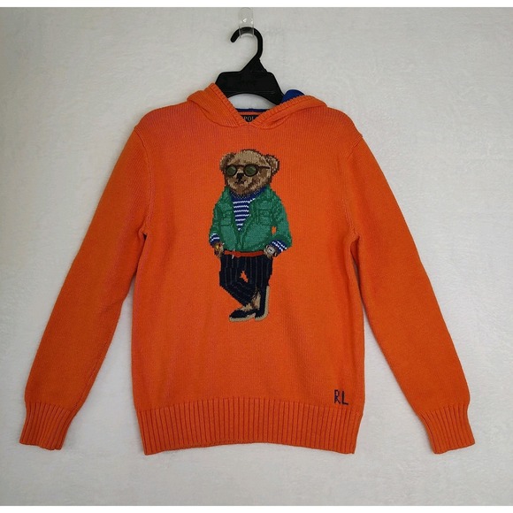 Polo Ralph Lauren Bear Hoodie Orange Knit Sweater Pullover L/G